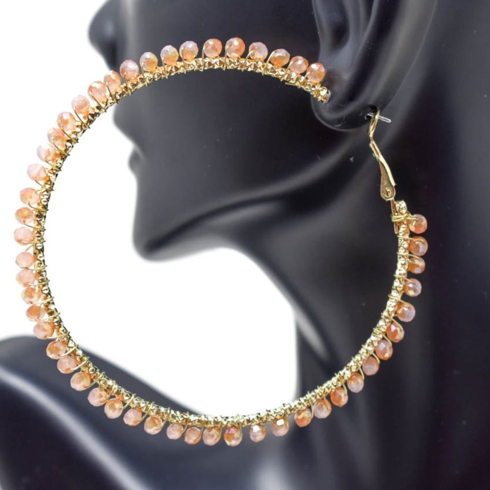 2.75" AB Peach Thin Wired Crystal Bead Gypsy Hoop